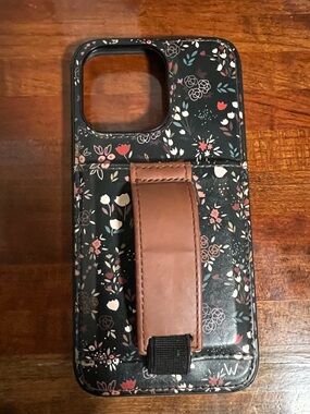 Walli Case Black Floral Phone Case with Brown Hand Strap IPhone 13 Pro